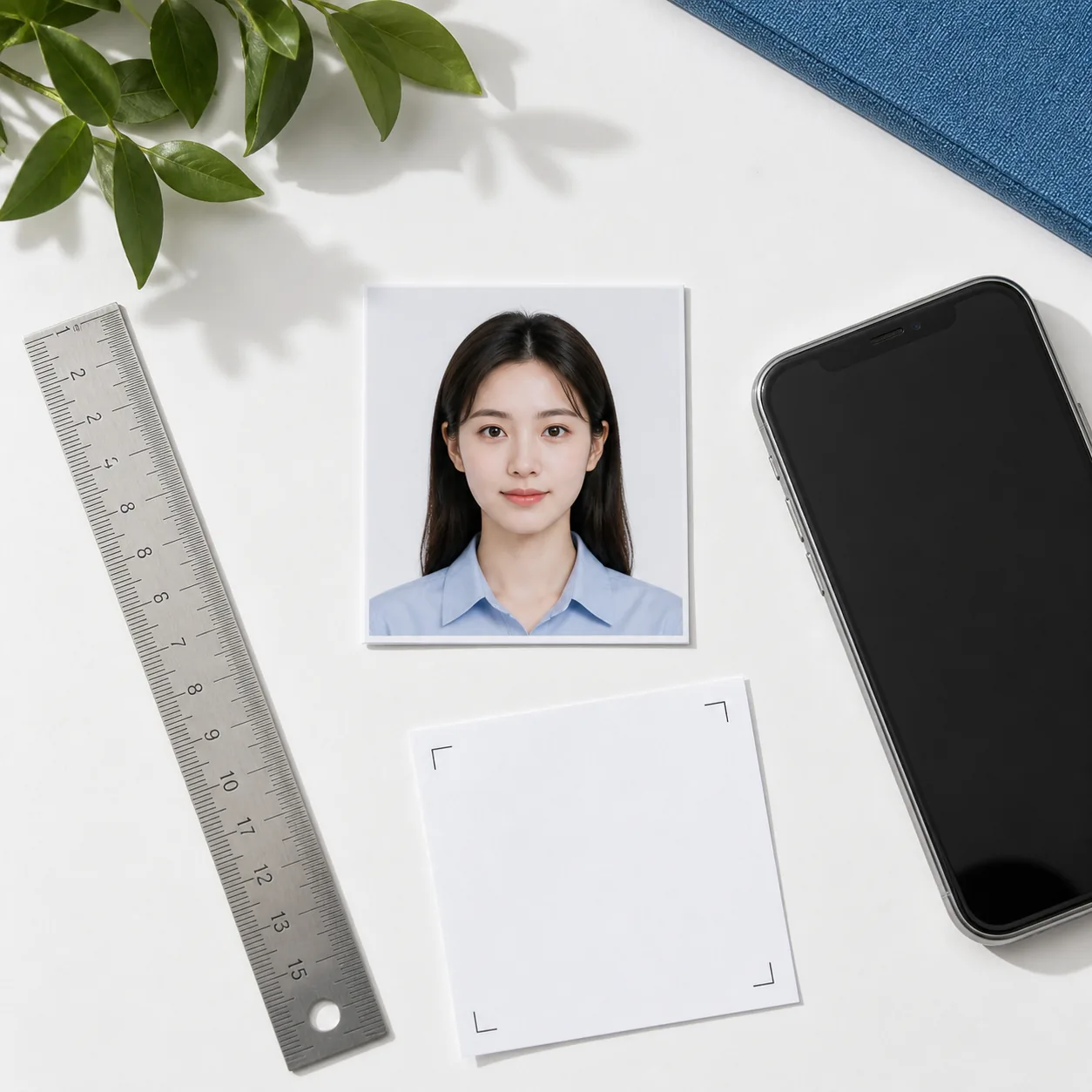 Illustration of a square portrait photo beside a ruler and an iPhone for a 2x2 size check