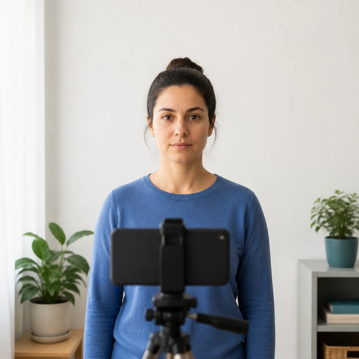 Illustration of a person facing an iPhone on a tripod in front of a plain wall