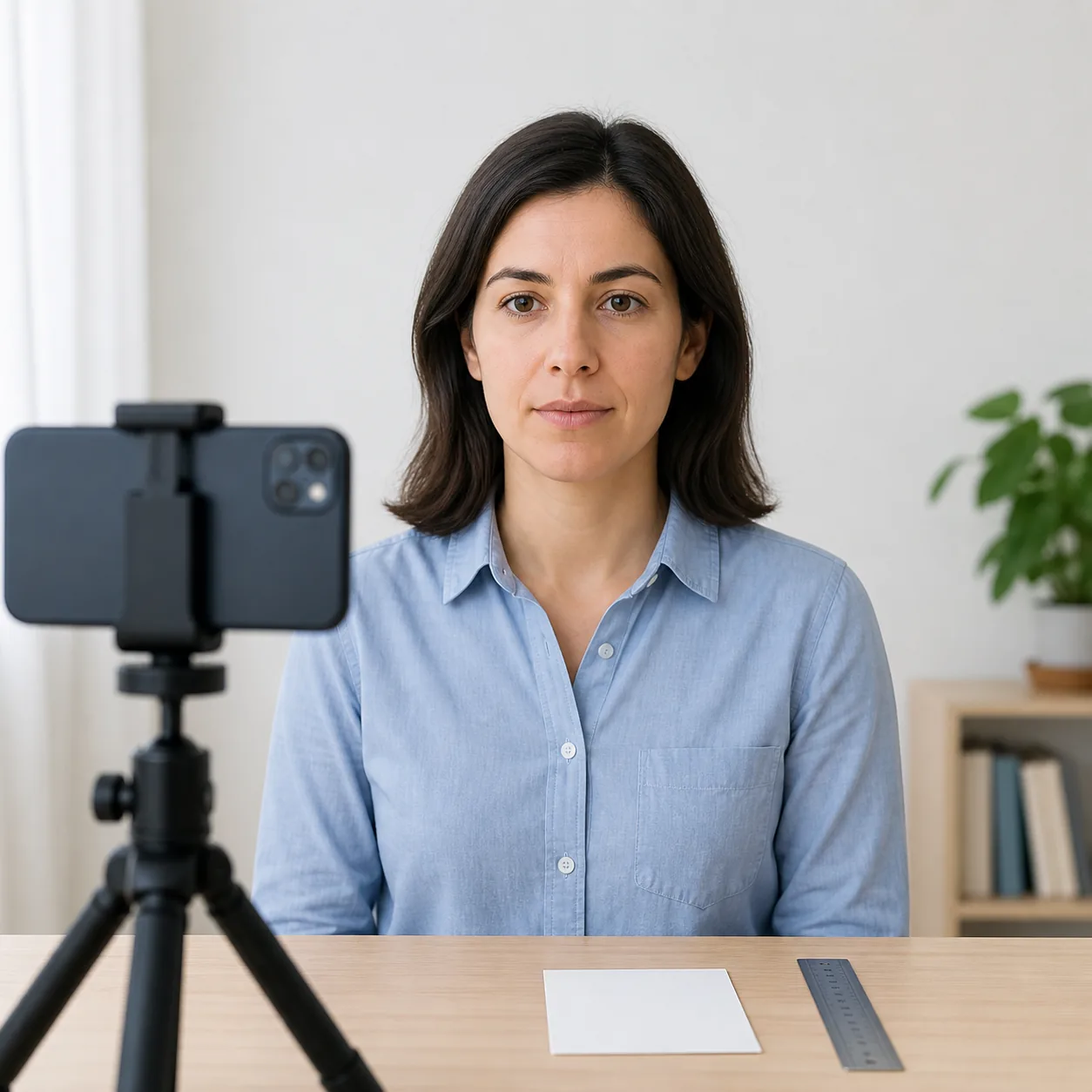 Person preparing a front-facing visa-style portrait with a phone on a tripod and a plain background