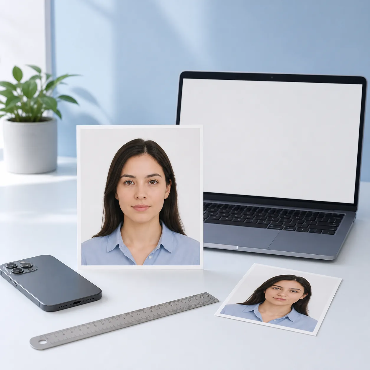 Square portrait photo beside a ruler, phone, and blank laptop for checking digital and printed visa photo preparation